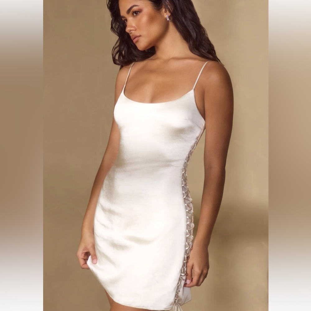 Oh Polly Iskra Lace Up A-Line Mini Dress in Off White